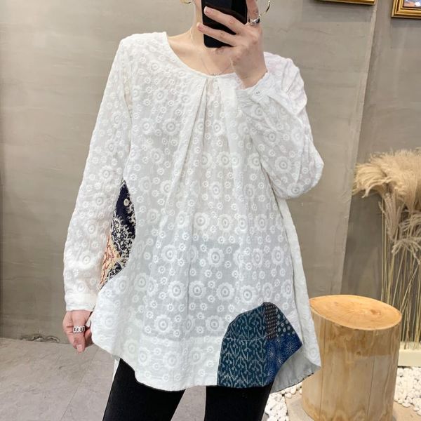 women's blouses & shirts 2021 autumn embroidery round neck long-sleeved shirt retro literary hem stitching blouse 7319, White
women's blouses & shirts 2021 autumn embroidery round neck long-sleeved shirt retro literary hem stitching blouse 7319, White