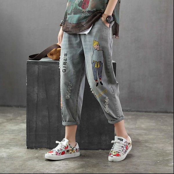 korea fashion spring women jeans cartoon embroidery loose denim harem pants elastic waist vintage hole calf length pants d115, Blue
korea fashion spring women jeans cartoon embroidery loose denim harem pants elastic waist vintage hole calf length pants d115, Blue