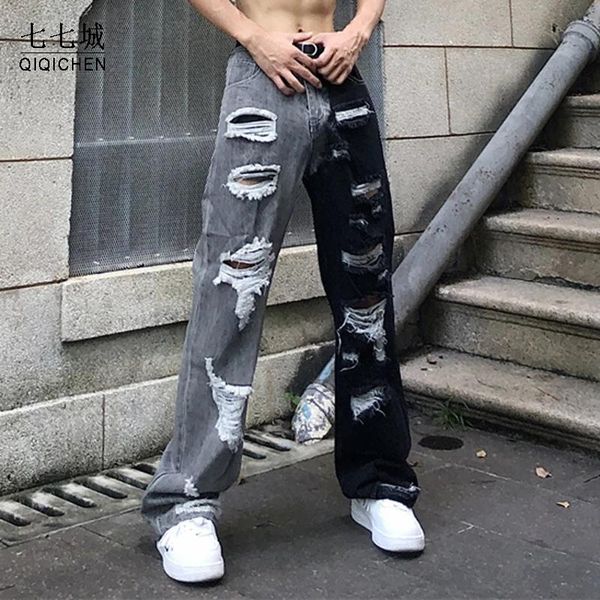 men's pants high street hole color block jeans men straight vibe harajuku vintage ripped oversize baggy streetwear denim trousers, Black
men's pants high street hole color block jeans men straight vibe harajuku vintage ripped oversize baggy streetwear denim trousers, Black