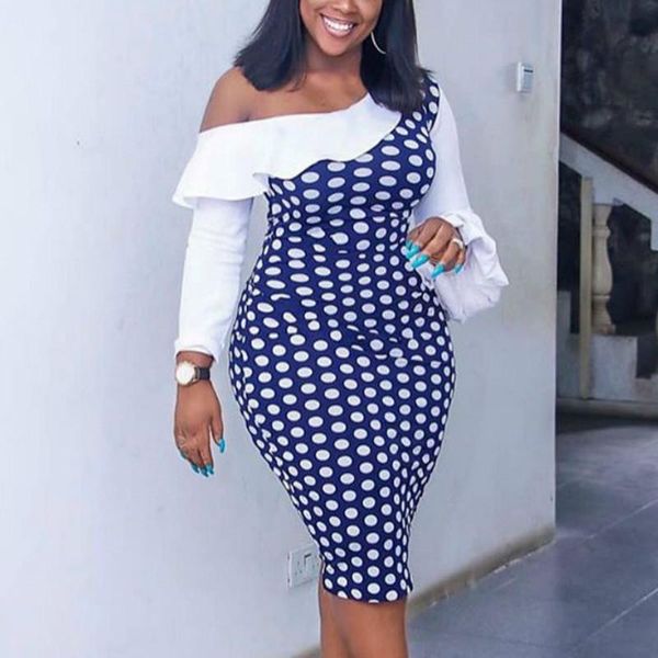 casual dresses women polka dot printed dress one shoulder irregular patchwork ruffles long sleeve plus size slim bodycon party birthday robe, Black;gray 
casual dresses women polka dot printed dress one shoulder irregular patchwork ruffles long sleeve plus size slim bodycon party birthday robe, Black;gray