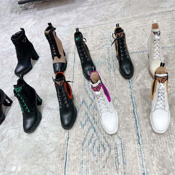 designer boots women heel ankle boot martin chaelsea booties leather and nylon fabric lacing two materials triangular logo tyre raised soles, Black
designer boots women heel ankle boot martin chaelsea booties leather and nylon fabric lacing two materials triangular logo tyre raised soles, Black
