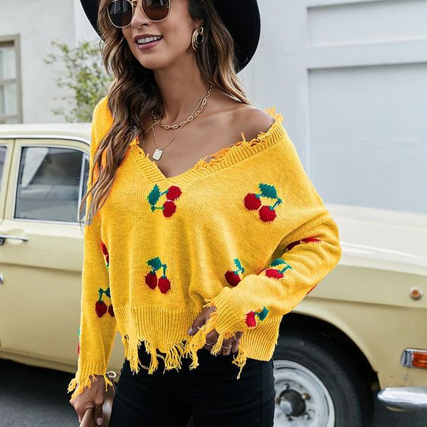 women's sweaters luoyiyang casual knitted sweater long sleeve loose fashion sweet cherry tassel stitching v-neck for women, White;black
women's sweaters luoyiyang casual knitted sweater long sleeve loose fashion sweet cherry tassel stitching v-neck for women, White;black