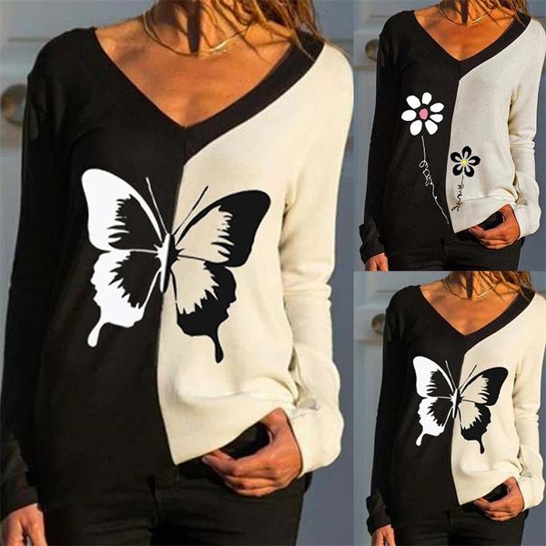 women's t-shirt women tshirts contrast color butterfly print streetwear t-shirts ladies long sleeve v-neck harajuku splicing t shirts, White 
women's t-shirt women tshirts contrast color butterfly print streetwear t-shirts ladies long sleeve v-neck harajuku splicing t shirts, White