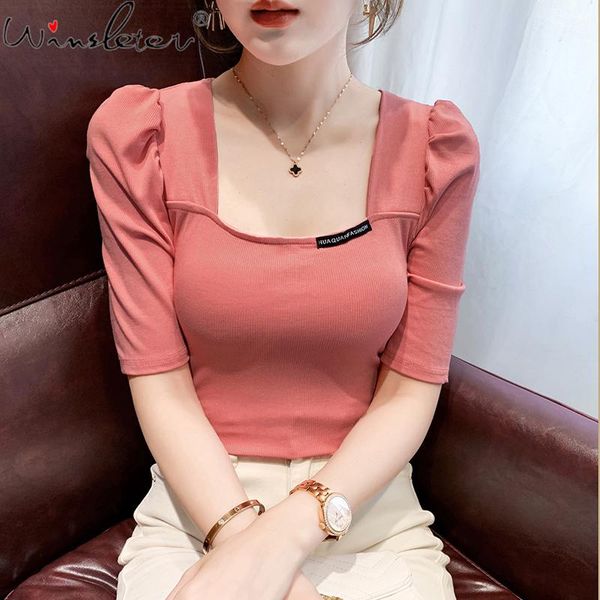 women's t-shirt summer european clothes cotton fashion solid elegant women puff sleeve bottoming shirt all match tees t15213a, White
women's t-shirt summer european clothes cotton fashion solid elegant women puff sleeve bottoming shirt all match tees t15213a, White