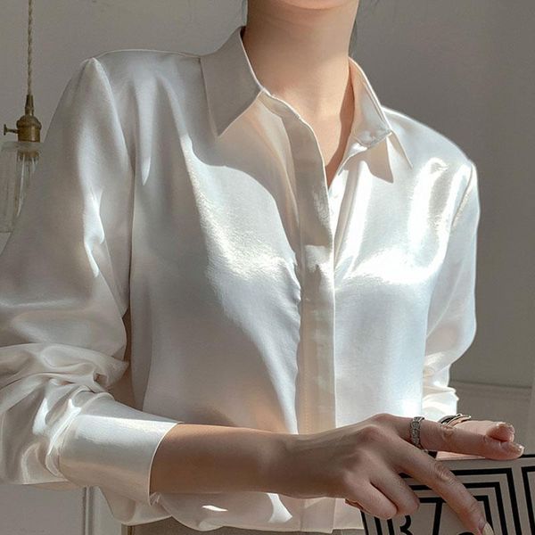 women's polos kietla shirts spring and autumn high-end satin temperament white