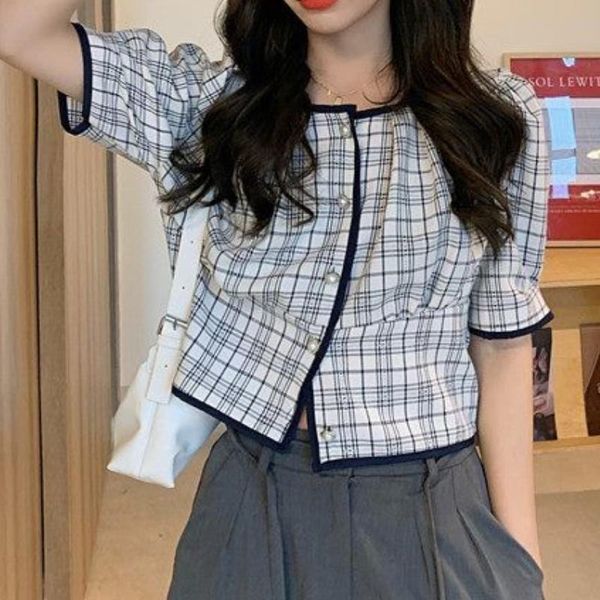 women's t-shirt vintage button up plaid ladies short sleeve tshirts 2021 summer women o neck puff t-shirts female all-match clothing, White
women's t-shirt vintage button up plaid ladies short sleeve tshirts 2021 summer women o neck puff t-shirts female all-match clothing, White