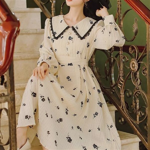 floral dress women evening party casual long sleeve vintage dress female peter pan collar one-piece dress korean autumn 210316, Black;gray 
floral dress women evening party casual long sleeve vintage dress female peter pan collar one-piece dress korean autumn 210316, Black;gray