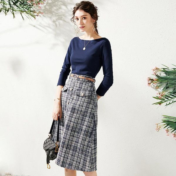 two piece dress cotton knit belt tweed skirt 2021 midi a line plaid skirts navy blue long sleeve t shirts women 2 sets basic pullover, White
two piece dress cotton knit belt tweed skirt 2021 midi a line plaid skirts navy blue long sleeve t shirts women 2 sets basic pullover, White