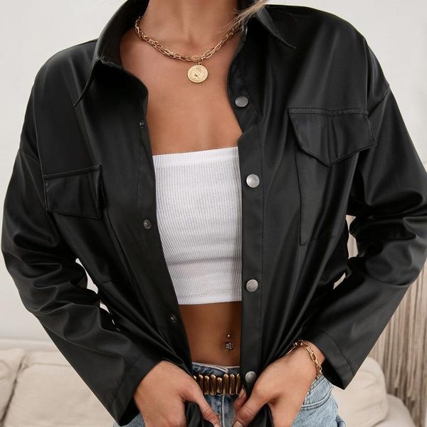 women's leather & faux cross border leisure solid color locomotive single breasted shirt pu long sleeve coat top, Black
women's leather & faux cross border leisure solid color locomotive single breasted shirt pu long sleeve coat top, Black