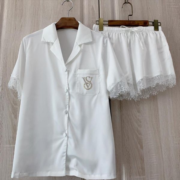 pajamas sets summer silky satin womens sleepwears homewear short sleeve shorts lace gifts wife and girlfriend, Black;red