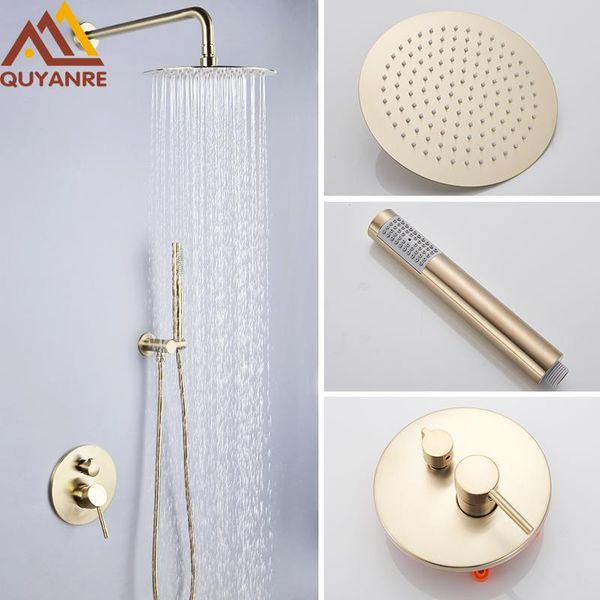 quyanre luxury brushed gold shower faucet set wall mount 10" rainfall shower tap with embedded box mixer tap bathtub kit
quyanre luxury brushed gold shower faucet set wall mount 10" rainfall shower tap with embedded box mixer tap bathtub kit