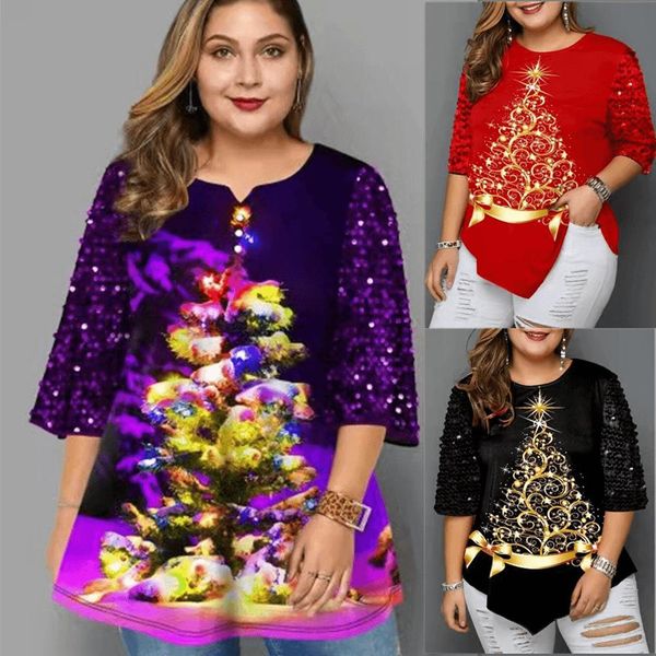 women's plus size t-shirt autumn and winter christmas tree, round neck stitching sequin print top, Black
women's plus size t-shirt autumn and winter christmas tree, round neck stitching sequin print top, Black