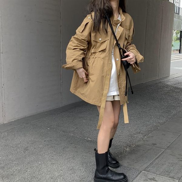 2021 new woman tooling stitching jacket british sweet student korean style loose belt waist slim design jacket, Black;brown
2021 new woman tooling stitching jacket british sweet student korean style loose belt waist slim design jacket, Black;brown