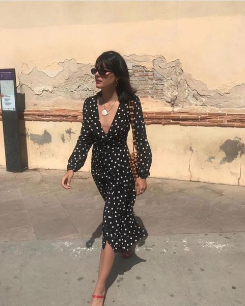 casual dresses ladies silk 100% polka dots print v neckline long sleeve midi dress, Black;gray
casual dresses ladies silk 100% polka dots print v neckline long sleeve midi dress, Black;gray