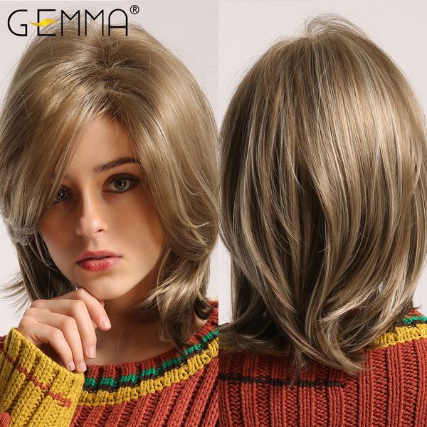 light brown blond highlight wig with bangs short straight side part synthetic wigs women heat resistant natural daily hair, Black
light brown blond highlight wig with bangs short straight side part synthetic wigs women heat resistant natural daily hair, Black