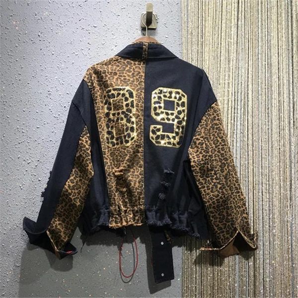 women's jackets leopard print patchwork women denim jacket short coat pocket sequins fashion jeans streetwear womens loose top, Black;brown