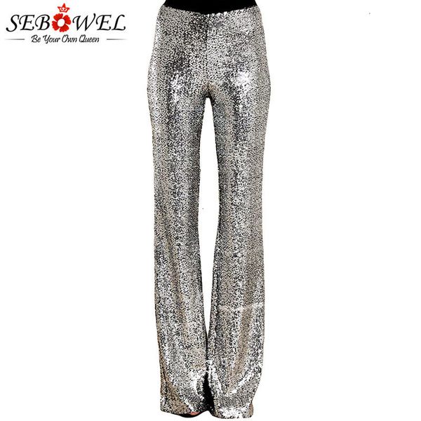 sebowel long wide leg sequins pants woman glitter silver black high waist trousers for female party dance flared legs pants 2021 y19070101, Black;white
sebowel long wide leg sequins pants woman glitter silver black high waist trousers for female party dance flared legs pants 2021 y19070101, Black;white