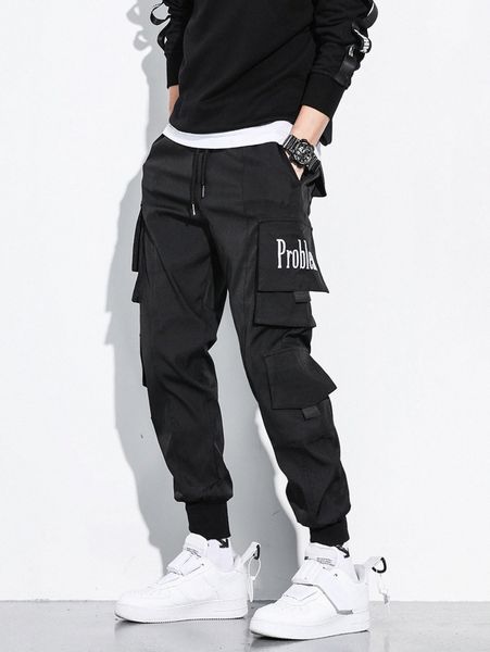 men letter graphic flap pocket drawstring waist cargo pants t6dd#, Black
men letter graphic flap pocket drawstring waist cargo pants t6dd#, Black