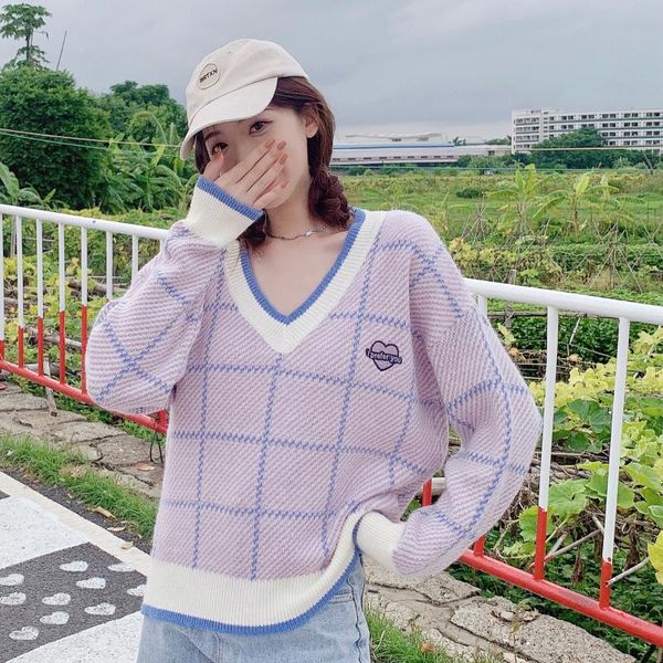 women's sweaters autumn and winter style retro hong kong knitted sweater v-neck plaid western all-match, White;black
women's sweaters autumn and winter style retro hong kong knitted sweater v-neck plaid western all-match, White;black