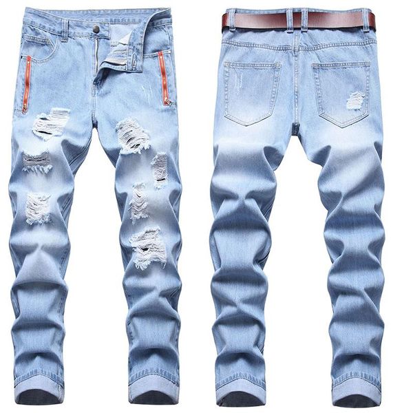 men's jeans denim trousers, with zipper decoration, straight-leg slim-fit opening, Blue
men's jeans denim trousers, with zipper decoration, straight-leg slim-fit opening, Blue