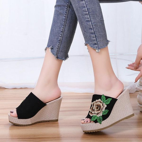 slippers vogue summer women embroider wedges sandals platform thick bottom peep toe woman super high heels beach slides, Black
slippers vogue summer women embroider wedges sandals platform thick bottom peep toe woman super high heels beach slides, Black