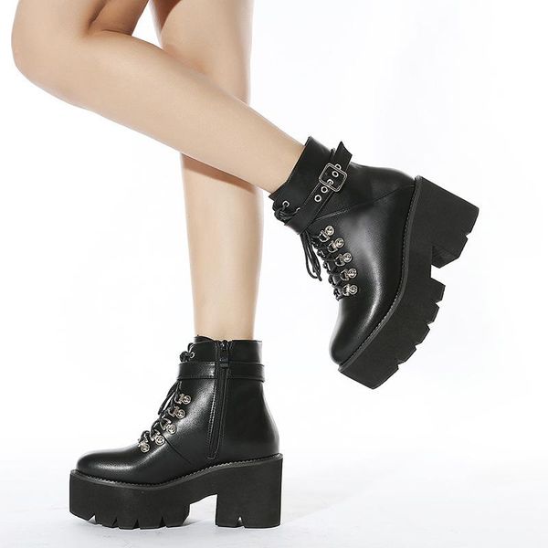 dress shoes european and american thick base wedge heel metal lace round head belt buckle side zipper large fashion boots, Black
dress shoes european and american thick base wedge heel metal lace round head belt buckle side zipper large fashion boots, Black