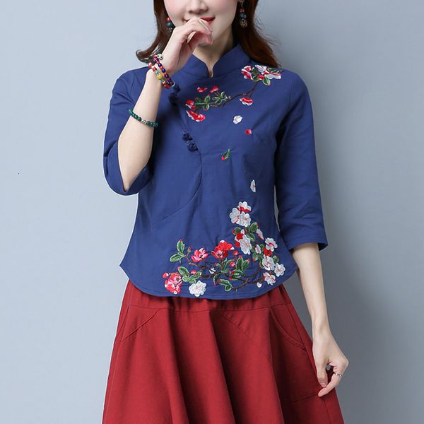 2021 new ethnic embroidery t shirt women 3/4 sleeve handwork button summer high collar cotton linen tees elegant ladies cwbz, White
2021 new ethnic embroidery t shirt women 3/4 sleeve handwork button summer high collar cotton linen tees elegant ladies cwbz, White