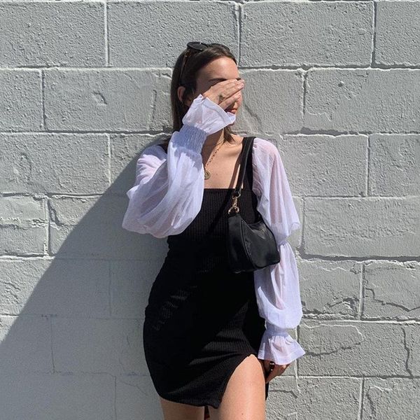 new women dress hip stitching mesh puff long sleeve mini dress square collar bodycon ladies bandage clothing, Black;gray
new women dress hip stitching mesh puff long sleeve mini dress square collar bodycon ladies bandage clothing, Black;gray
