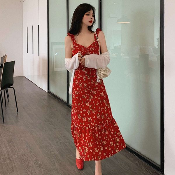 french close waist v-neck floral dress shows thin summer temperament medium length red suspender skirt women 2020 new, Gray
french close waist v-neck floral dress shows thin summer temperament medium length red suspender skirt women 2020 new, Gray