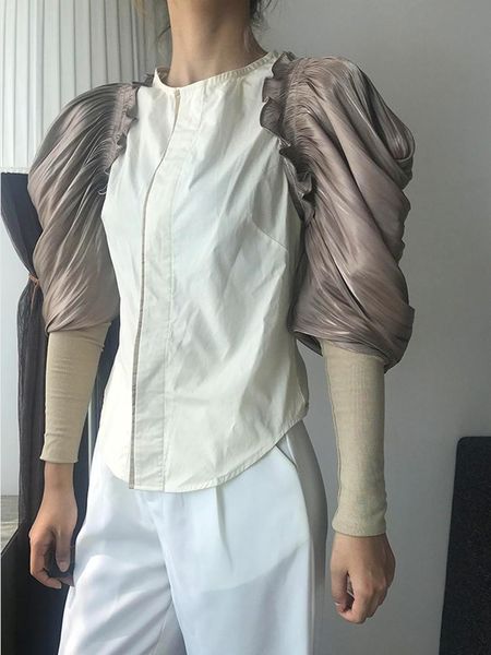 women's blouses & shirts retro contrast color round neck concealed button pleated zou puff sleeve slim-fit shirt ladies spring and autu, White
women's blouses & shirts retro contrast color round neck concealed button pleated zou puff sleeve slim-fit shirt ladies spring and autu, White