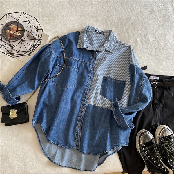 2021 new double patch pocket autumn stripe patchwork irregular hem long denim shirt women blouses 9nkn, White;black
2021 new double patch pocket autumn stripe patchwork irregular hem long denim shirt women blouses 9nkn, White;black