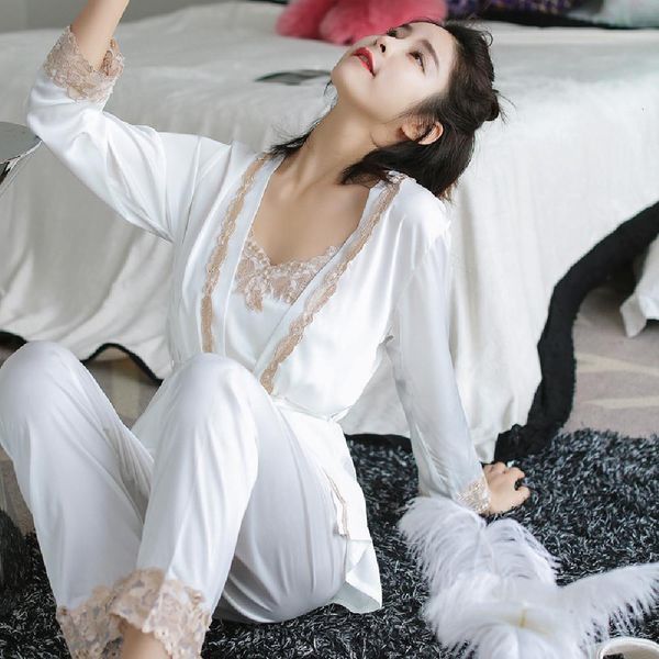 three 3 pieces satin sleepwear female lace silk pajamas set hollow out coat strap vest full length pants robe gown set, Black;red
three 3 pieces satin sleepwear female lace silk pajamas set hollow out coat strap vest full length pants robe gown set, Black;red