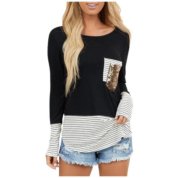 women's t-shirt autumn women casual fashion stripe printing pocket sequins splicing o-neck long sleeves pullover, White
women's t-shirt autumn women casual fashion stripe printing pocket sequins splicing o-neck long sleeves pullover, White