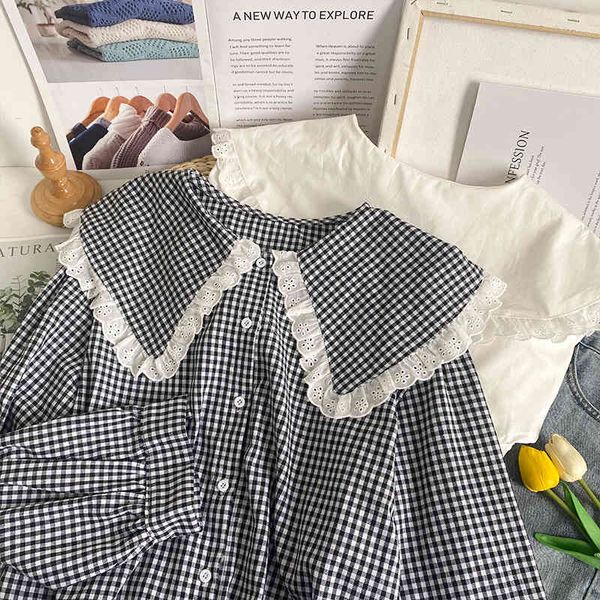 casual shirt early spring wooden ears doll collar single breast loose check long-sleeved female bottoming top, White
casual shirt early spring wooden ears doll collar single breast loose check long-sleeved female bottoming top, White