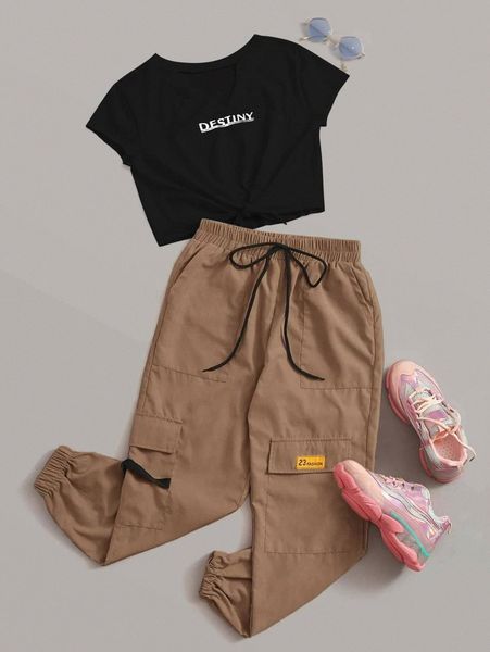 destiny graphic tee & cargo pants set t2xg#, White