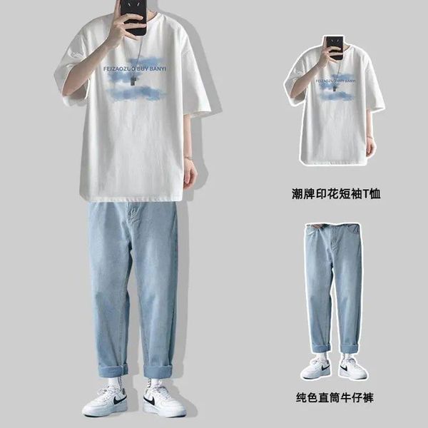 men's tracksuits suit male ins printed t-shirt short-sleeved + loose student jeans summer boys two-piece men sets, Gray
men's tracksuits suit male ins printed t-shirt short-sleeved + loose student jeans summer boys two-piece men sets, Gray