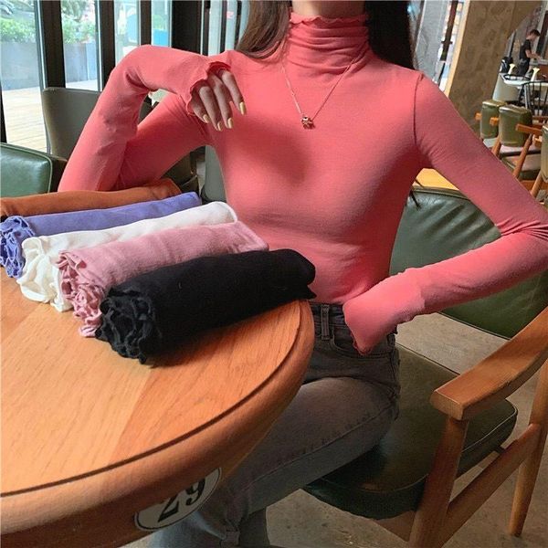 women's t-shirt spring simple candy-colored slim long sleeve bottoming shirt with high collar and thin in wooden ear women, White
women's t-shirt spring simple candy-colored slim long sleeve bottoming shirt with high collar and thin in wooden ear women, White