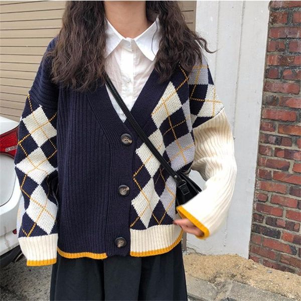 women's knits & tees autum winter argyle cardigan for women streetwear vintage loose knitted outwear ladies school style sweater cardig, White
women's knits & tees autum winter argyle cardigan for women streetwear vintage loose knitted outwear ladies school style sweater cardig, White