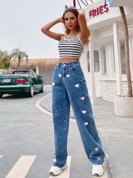 women's jeans women casual straight leg adults loose love pattern high waisted trousers with pockets wide denim pants, Blue
women's jeans women casual straight leg adults loose love pattern high waisted trousers with pockets wide denim pants, Blue
