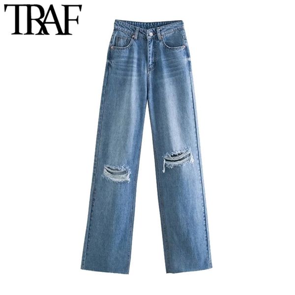 traf women chic fashion ripped hole wide leg jeans vintage high waist zipper fly denim pants female trousers mujer 211129, Blue
traf women chic fashion ripped hole wide leg jeans vintage high waist zipper fly denim pants female trousers mujer 211129, Blue
