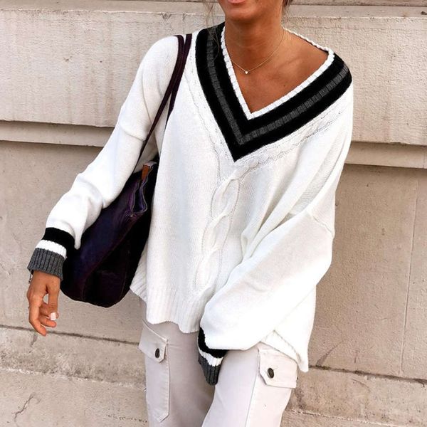 british style sweater v-neck show thin loose casual contrast stitching long sve ol et, White;black
british style sweater v-neck show thin loose casual contrast stitching long sve ol et, White;black
