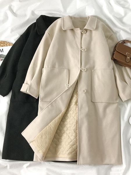 women's wool & blends temperament long-sleeved woolen coat 2021 quilted mid-length and small winter korean style loose fashion, Black
women's wool & blends temperament long-sleeved woolen coat 2021 quilted mid-length and small winter korean style loose fashion, Black