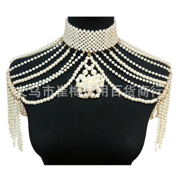 women's polos 2021 shawl t-shirt body chain woven pearl black and white temperament catwalk dress tight chest