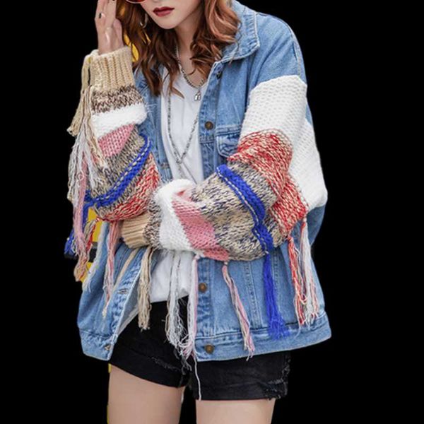 knitted colorful sleeve denim jacket women patchwork autumn female jean coat high street jackets for girls korean oversized, Black;brown 
knitted colorful sleeve denim jacket women patchwork autumn female jean coat high street jackets for girls korean oversized, Black;brown