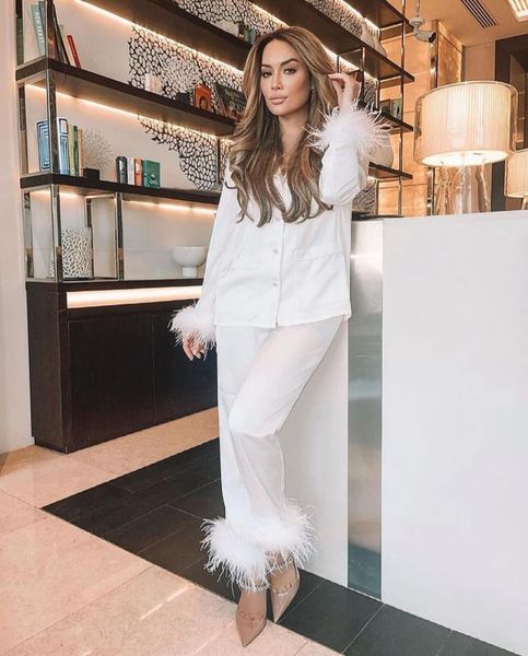 women's two piece pants feather pajama suit solid turn-down collar button drawstring full-length 2pcs sets, White
women's two piece pants feather pajama suit solid turn-down collar button drawstring full-length 2pcs sets, White