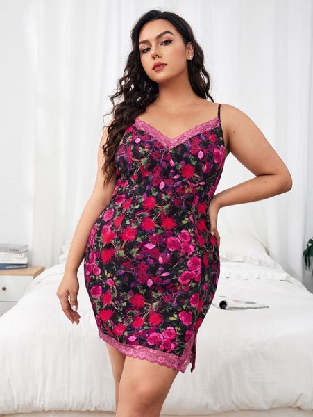 plus floral print split hem sleepdress f3kv#, Black;white