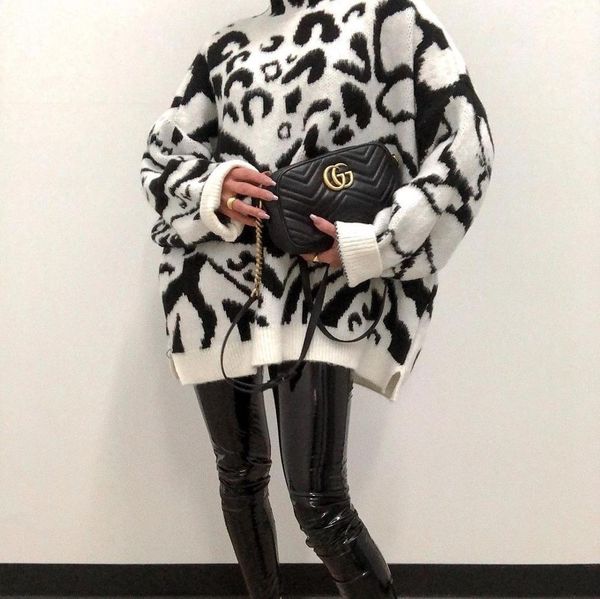 female black leopard autumn sweatshirt collar down long knitted ladies sweater 1qj0, White;black
female black leopard autumn sweatshirt collar down long knitted ladies sweater 1qj0, White;black