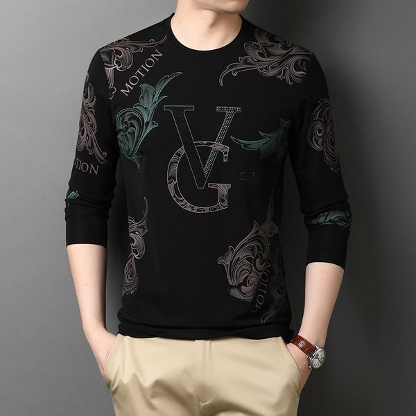 young and middle-aged fashion trend autumn long sleeve round neck t-shirt men's t-shirt, Black