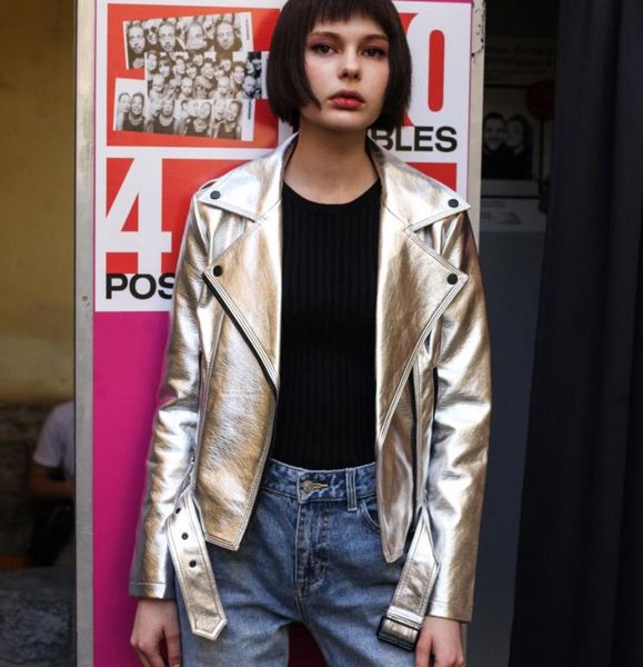 women's leather & faux glossy silver color pu jacket female street style zipper stitching jackets autumn winter outerwear with belt f47, Black
women's leather & faux glossy silver color pu jacket female street style zipper stitching jackets autumn winter outerwear with belt f47, Black