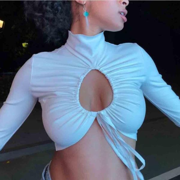women's t-shirt bandage hollow out crop women 2021 turtleneck solid streetwear slim t-shirts clubwear bodycon skinny tees, White
women's t-shirt bandage hollow out crop women 2021 turtleneck solid streetwear slim t-shirts clubwear bodycon skinny tees, White